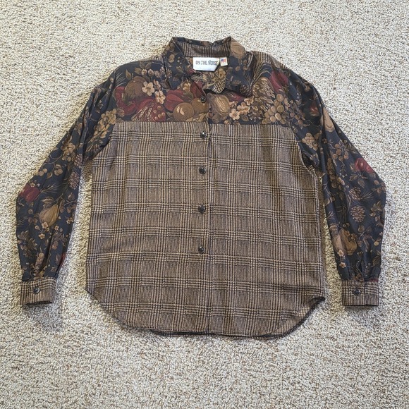 On The Verge Tops - Vintage‎ On The Verge Shirt Womens Medium Brown Plaid Floral Button Up USA
